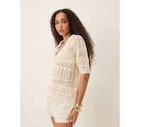 Vila - Polo a maniche corte in maglia all'uncinetto color crema betulla-Bianco M