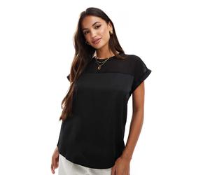 Vila - T-shirt con dettaglio in rete e maniche con risvolto nera-Nero 36