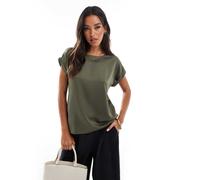 Vila - T-shirt in raso color oliva polvere con maniche risvoltate-Verde 44