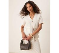 Vila - Top a maniche corte in misto lino color crema mélange con bottoni frontali in coordinato-Neutro 36