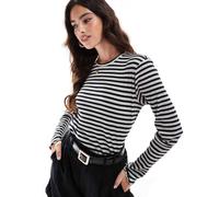 Vila - Top a maniche lunghe a coste e a righe grigio medio mélange con bordi ondulati-Multicolore M