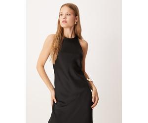 VILA - Vestito al polpaccio in raso nero con scollo a vogatore-Rosso 40