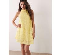Vila - Vestito corto allacciato al collo in jacquard a fiori giallo pastello 44