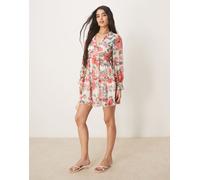 Vila - Vestito corto in chiffon con stampa di rose rosse e volant-Multicolore 40