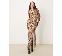 Vila - Vestito fasciante lungo in rete a maniche lunghe con stampa leopardata-Multicolore M