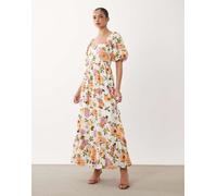 VILA - Vestito lungo a balze con maniche voluminose bianco a fiori-Multi 38