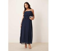 VILA - Vestito lungo a pieghe color blu navy con spalline sottili con volant a balze 38