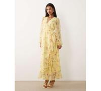 VILA - Vestito lungo a portafoglio in plumetis giallo con stampa a fiori e volant 42