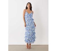 VILA - Vestito lungo asimmetrico con volant e spacco laterale blu a fiori 42