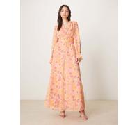 Vila - Vestito lungo avvolgente in chiffon arancione a fiori-Multicolore 34