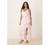 VILA - Vestito lungo color rosa chiaro con volant asimmetrici e spacco laterale 44