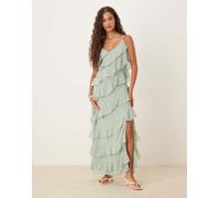 VILA - Vestito lungo color verde salvia con spacco laterale e volant asimmetrici 40