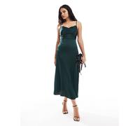 VILA - Vestito lungo con spalline sottili e scollo ad anello in raso verde scuro 44