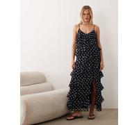 VILA - Vestito lungo con spalline sottili e volant blu navy a pois con spacco sulla gamba 38