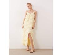 Vila - Vestito lungo con spalline sottili e volant giallo pastello con spacco sulla gamba 40