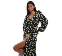 Vila - Vestito lungo con stampa astratta di foglie verdi e scollo a V con maniche a palloncino-Verde 34