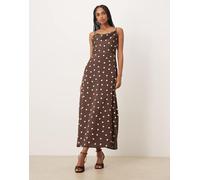 VILA - Vestito lungo in raso marrone a pois con scollo ad anello 42