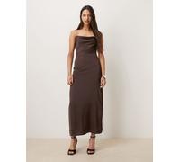 Vila - Vestito lungo in raso marrone cioccolato con scollo ad anello 44