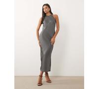 Vila - Vestito midi in raso grigio antracite con scollo a vogatore 38