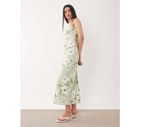 VILA - Vestito midi in raso verde pallido a fiori con scollo a vogatore 38