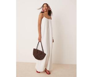 Vila - Vestito sottoveste lungo con spalline sottili bianco in cotone stropicciato 34