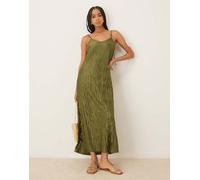 Vila - Vestito sottoveste lungo plissé con spalline sottili verde oliva XS