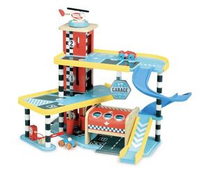 Vilac Garage in Legno per Gioco di finzione, Include 2 Auto, 1 Elicottero e segnali stradali, in Legno e Design Luminoso, dai 3 Anni in su