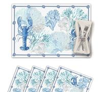 Vilber, Set di 4 tovagliette in vinile. Lavabili, impermeabili, antimacchie, antiscivolo, resistenti al calore, marino, corallo, lucidi, angoste, angoste, azzurro. Egeo