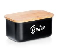 Vilde Contenitore per burro con coperchio, nero, in metallo, in bambù, per frigorifero, classico, igienico, facile da pulire