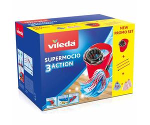 Vileda SuperMocio Box, Sistema Lavapavimenti, Set con Strizzatore, 2 Fiocchi Microfibra & Power, 1 Fiocco 3Action, Manico 3 Pezzi, Rosso
