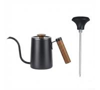 Vilgftyiet Bollitore a collo di cigno in acciaio inossidabile 304 per versare sopra il caffè, con manico in legno e termometro, beccuccio lungo 600 ml per una birra precisa (600 ml nero + nero)
