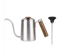 Vilgftyiet Bollitore a collo di cigno in acciaio inossidabile 304 per versare sopra il caffè, con manico in legno e termometro, beccuccio lungo 600 ml per una birra precisa (600 ml argento + nero)