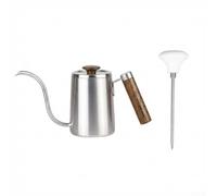 Vilgftyiet Bollitore a collo di cigno in acciaio inossidabile 304 per versare sopra il caffè, con manico in legno e termometro, beccuccio lungo 600 ml per una birra precisa (600 ml argento + bianco)