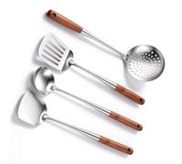 Vilgftyiet Set di utensili con manico in legno, 4 pezzi, resistente al | Utensili in legno con manici estesi, 4 per pezzi versatili per una cottura sicura
