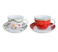 Villa Altachiara Tazze Colazione Joy, Set 2 Pezzi in Porcellana con Piattino (1 Bianca + 1 Rossa) - Tazze da Tè con Decorazioni Natalizie, Design Elegante e Idea Regalo Natale Raffinata