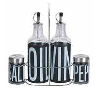 Villa d'Este Home Tivoli 1996 Set condimento olio, aceto, sale e pepe in vetro e acciaio inox, stand in ferro, nero, Bigismore