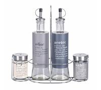 Villa d'Este Home Tivoli Set condimento olio, aceto, sale e pepe in vetro e acciaio inox, stand in acciaio, grigio, Victionary