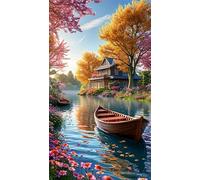 Villa Lake Boat Diamond Art Kits,5D Diamond Painting Kits for Adults,DIY Full Square Drill diamond painting kits for Beginners Rhinestone Embroidery Picture Art For Home Decor 90x190 cm