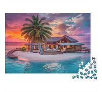 Villa tropicale al tramonto, casa sulla spiaggia colorata al tramonto, puzzle da 1000 pezzi per adulti, la sfida impossibile, regalo divertente, 70x50cm/1000pcs