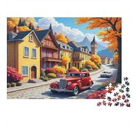 Villaggio autunnale, puzzle da 1000 pezzi con città e auto d'epoca rossa, per adulti dai 12 anni in su, gioco educativo, bellissima decorazione, sfida ad alta difficoltà, compleanno, 70x50 cm