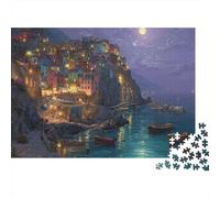 Villaggio costiero al chiaro di luna Puzzle da 1000 pezzi Città costiera sulla scogliera buia Notte per adulti Gioco educativo Bellissima decorazione Difficile Sfida di compleanno 52x38cm