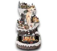 Villaggio di Natale innevato Verticale con Pista da sci, con stazione treno in movimento su binari, paesaggio con Luci LED e Musica Babbo Scenario Natalizio Parco sciistico Giochi Carillon 21x21x37cm
