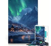 Villaggio innevato sotto l'aurora boreale - Puzzle da 1000 pezzi per adolescenti - Rafforza la memoria, calma e relax - Bordi lisci (38x52cm)