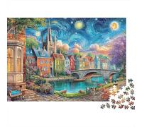 Villaggio nella Notte Stellata Puzzle Per Adolescenti E Oltre - 500 Piece Stile Cartoon Arte Di Decorazione Casa, Gioco Mentale & Divertimento Mentale Rilassante (500pcs (52x38cm))