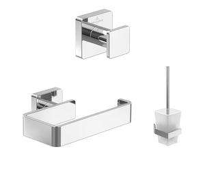Villeroy & Boch Elements-Striking set di accessori (pacchetto 3 in 1), composto da gancio per asciugamani, portarotolo senza coperchio e set di scopini, cromo