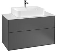 Villeroy & Boch Finion meuble sous lavabo, 2 tiroirs, avec éclairage, lavabo au centre, 1000x603x501mm, Glass White Matt, G10100GM, G10100GM, Colorazione: Lacca opaca oliva