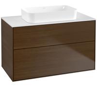 Villeroy & Boch Finion meuble sous lavabo, 2 tiroirs, avec éclairage, lavabo au centre, sans trou pour robinet, 1000x603x501mm, Glass White Matt, G64100GN, G64100GN, Colorazione: Noce impiallacciato
