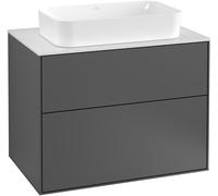 Villeroy & Boch Finion meuble sous lavabo, 2 tiroirs, avec éclairage, lavabo au centre, sans trou pour robinetterie, 800x603x501mm, Glass Black Matt, G63200GN, G63200GN, Colorazione: Noce impiallaccia