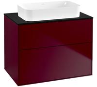 Villeroy & Boch Finion meuble sous lavabo, 2 tiroirs, avec éclairage, lavabo au centre, sans trou pour robinetterie, 800x603x501mm, Glass Black Matt, G63200HB, G63200HB, Colorazione: peonia