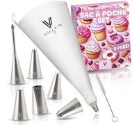 Villkin set sac à poche 9 pezzi - sacca da pasticcere riutilizzabile da 34 cm con 6 beccucci in acciaio inox, adattatore e spazzola per pulizia - per torte, cupcake, muffin e biscotti